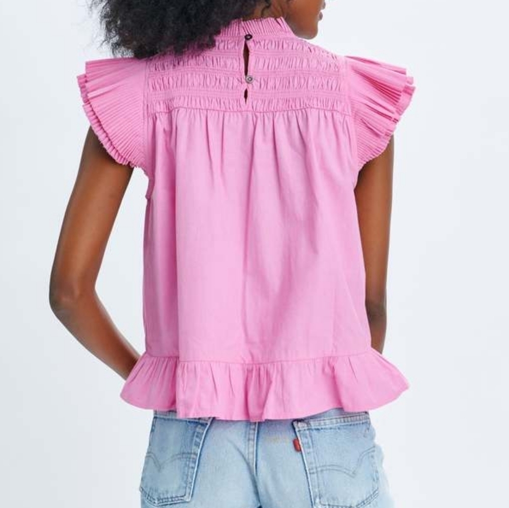 Anthropology Love The Label Women's Pink Poppy High-Neck Ruffle Blouse Top - Picture 2 of 8